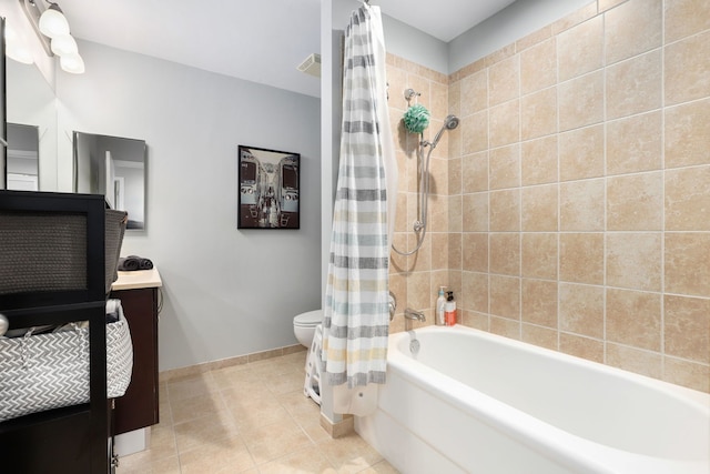 full bathroom with toilet, tile patterned flooring, shower / bathtub combination with curtain, and vanity