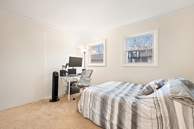 bedroom with light carpet and ornamental molding