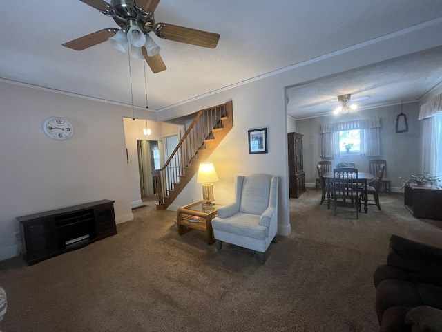 living room featuring dark carpet and ornamental molding