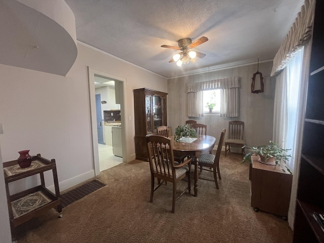 dining space featuring carpet flooring, a textured ceiling, ceiling fan, and ornamental molding