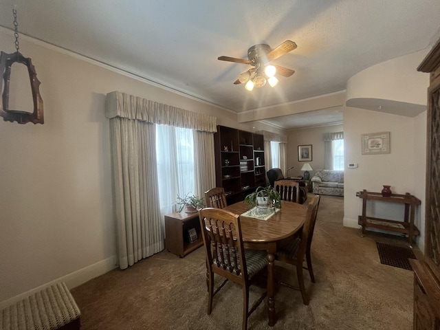 dining space with ceiling fan, carpet floors, and a healthy amount of sunlight