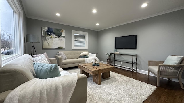 living room with crown molding and dark hardwood / wood-style flooring