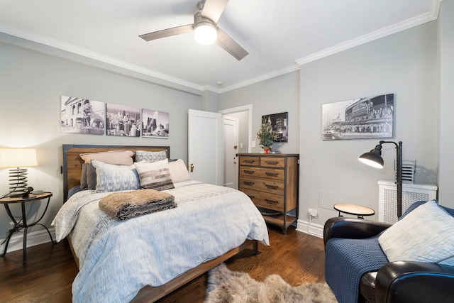 bedroom featuring crown molding, ceiling fan, and dark wood-type flooring