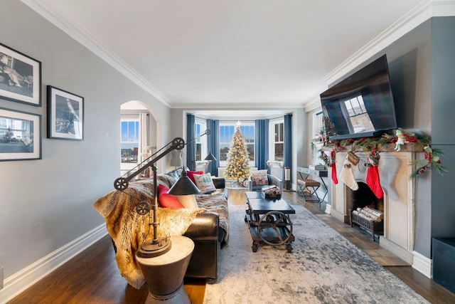 living room with crown molding and wood-type flooring