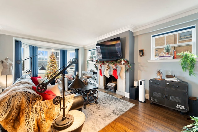 living room featuring dark hardwood / wood-style flooring, a healthy amount of sunlight, and ornamental molding