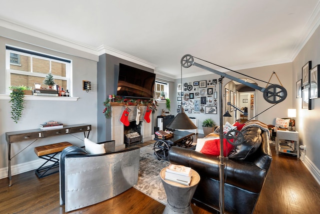 living room featuring dark hardwood / wood-style flooring and ornamental molding