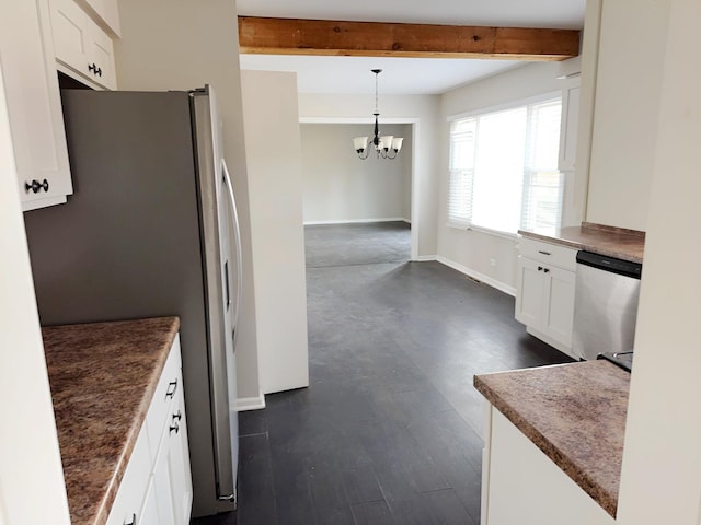 6111 Pingree Rd, Crystal Lake, IL 60014 - kitchen with appliances with stainless steel finishes, beamed ceiling, a chandelier, white cabinets, and baseboards