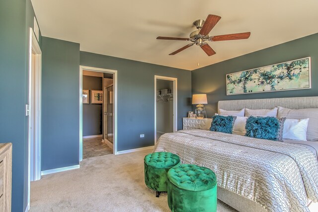 bedroom featuring ceiling fan, light colored carpet, a walk in closet, and a closet