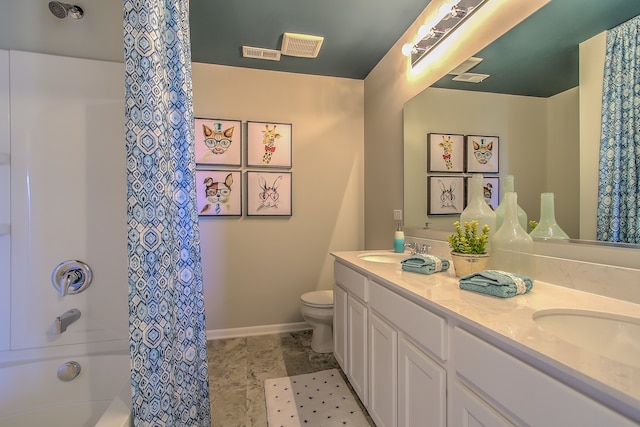 full bathroom featuring vanity, toilet, and shower / bath combo with shower curtain