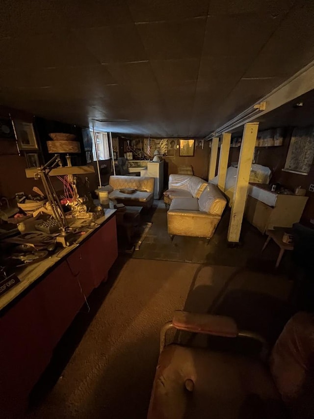 interior space with dark carpet and washing machine and clothes dryer