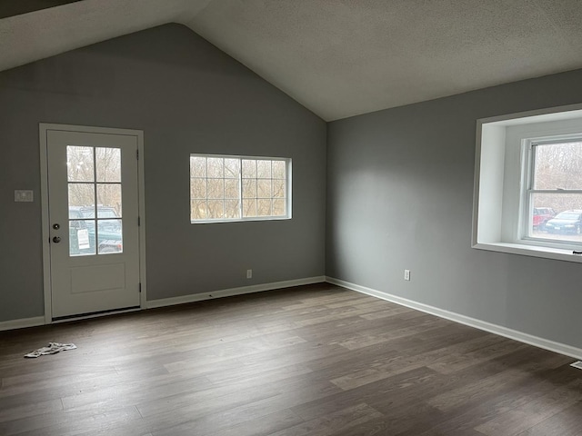 interior space with wood-type flooring, a textured ceiling, and lofted ceiling