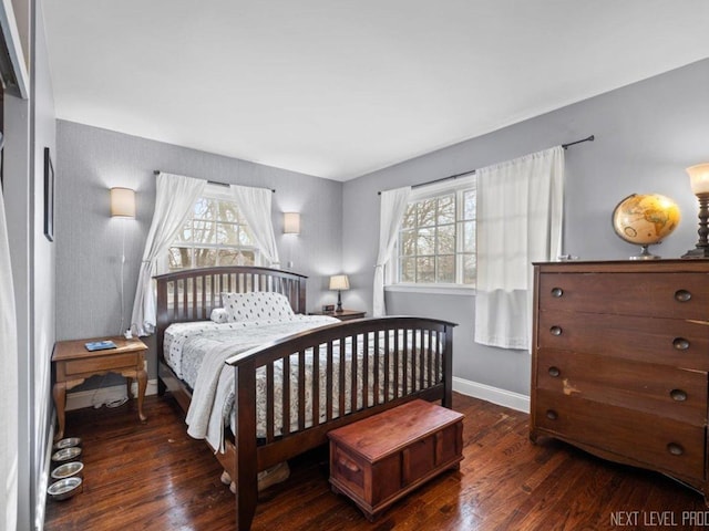 bedroom featuring multiple windows and dark hardwood / wood-style floors