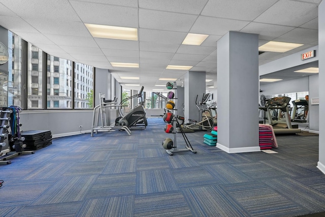 exercise room featuring dark carpet