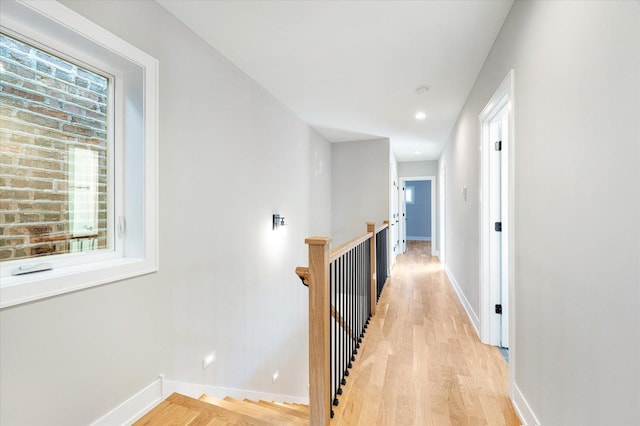 hallway with a wealth of natural light and light hardwood / wood-style floors