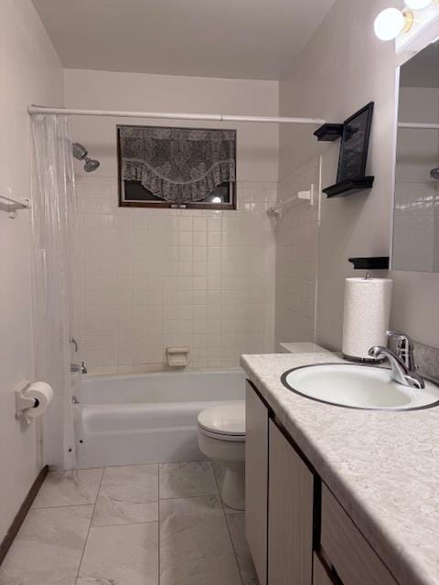 full bathroom with shower / bathtub combination with curtain, vanity, and toilet