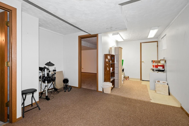 basement with carpet and a textured ceiling