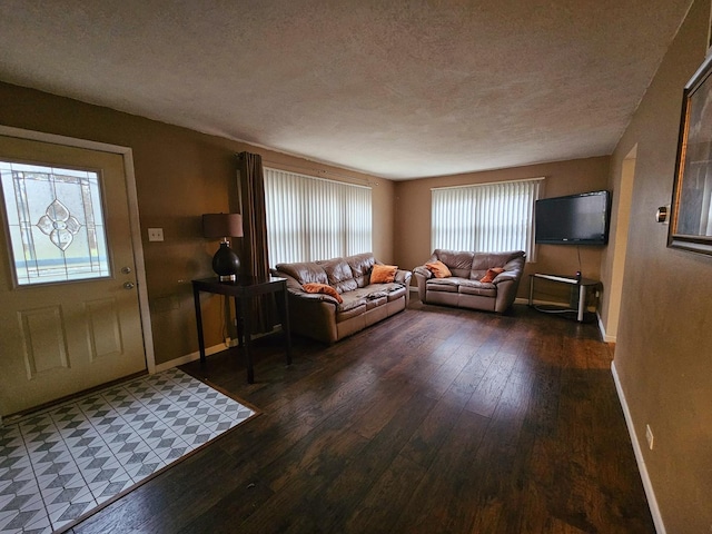 living room with hardwood / wood-style floors and a textured ceiling