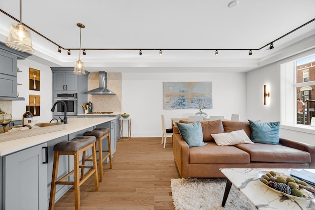 living room featuring baseboards, rail lighting, and light wood finished floors