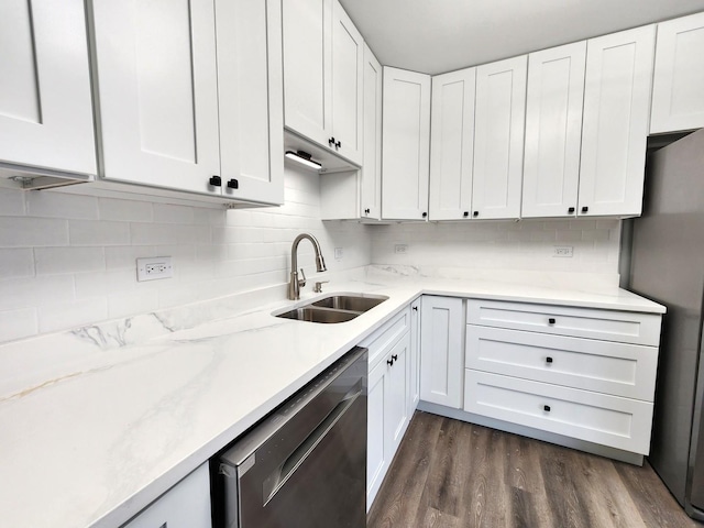 kitchen with sink, white cabinets, dark hardwood / wood-style floors, and appliances with stainless steel finishes