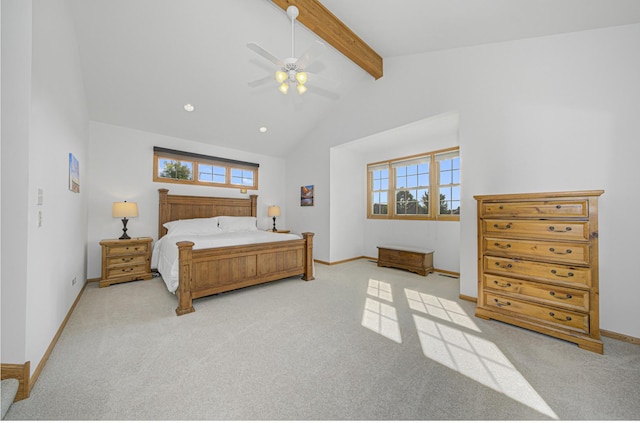 bedroom with beam ceiling, ceiling fan, high vaulted ceiling, and light colored carpet