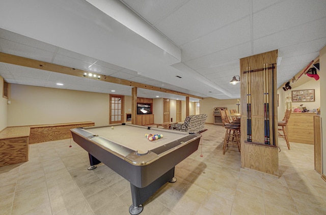 playroom featuring a drop ceiling, french doors, and pool table