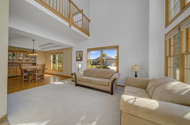 living room featuring light colored carpet, a high ceiling, and a tray ceiling