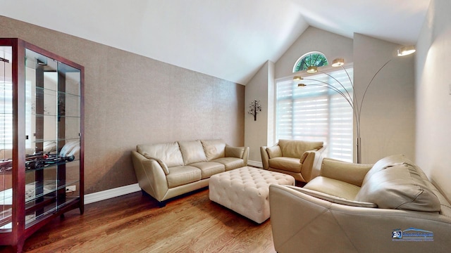 living room featuring vaulted ceiling and hardwood / wood-style flooring