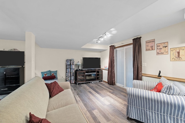 living room with hardwood / wood-style flooring and track lighting