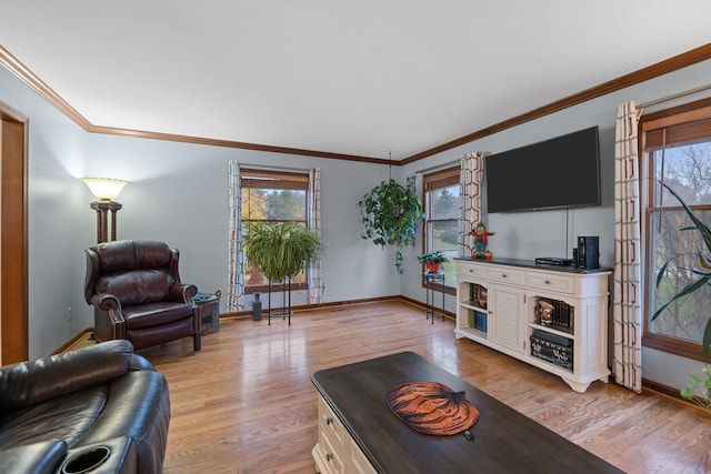 living room featuring crown molding and light wood-type flooring