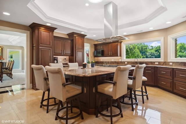 kitchen featuring a kitchen bar, island range hood, and a raised ceiling