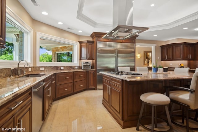 kitchen with a kitchen breakfast bar, island range hood, a raised ceiling, stainless steel appliances, and sink