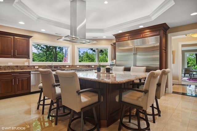 kitchen featuring a raised ceiling, island exhaust hood, and a breakfast bar area