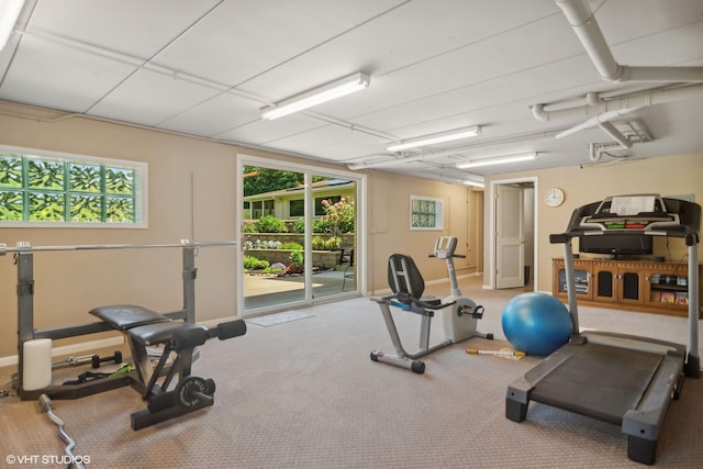 exercise room with carpet flooring