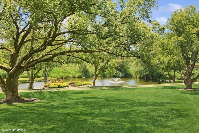 view of community with a lawn and a water view