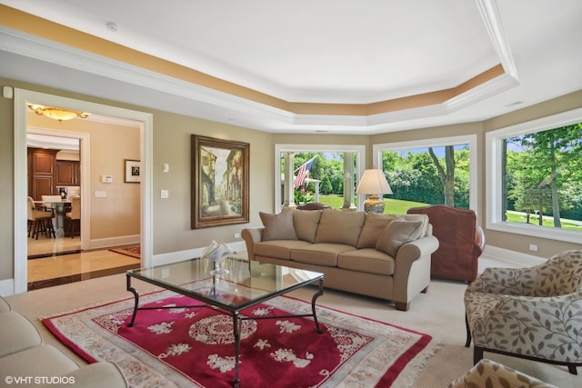 living room with a tray ceiling and ornamental molding