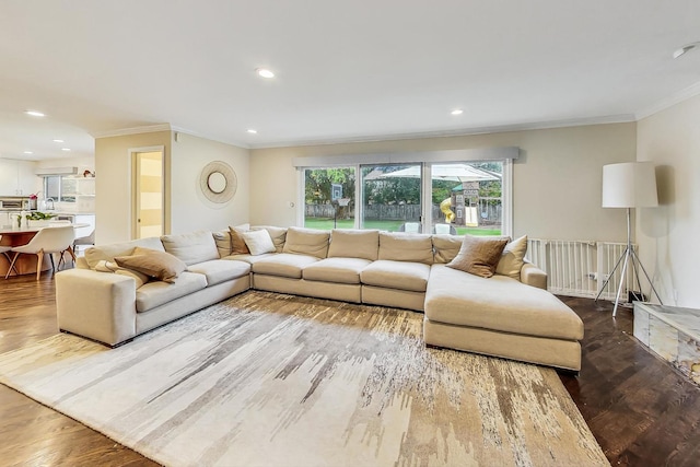 living room featuring crown molding and hardwood / wood-style floors