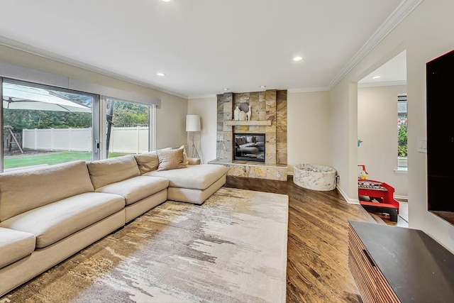 living room with a fireplace, hardwood / wood-style floors, and ornamental molding