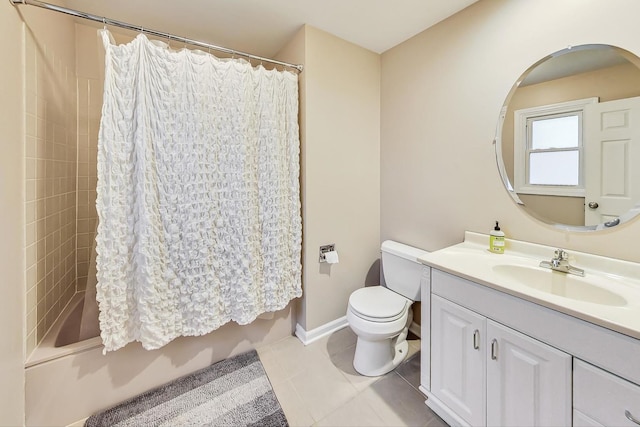 full bathroom with toilet, shower / tub combo, vanity, and tile patterned floors