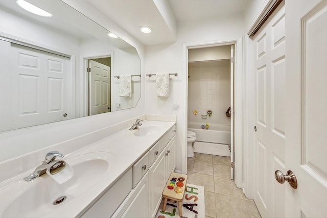 full bathroom featuring tile patterned flooring, shower / tub combination, vanity, and toilet