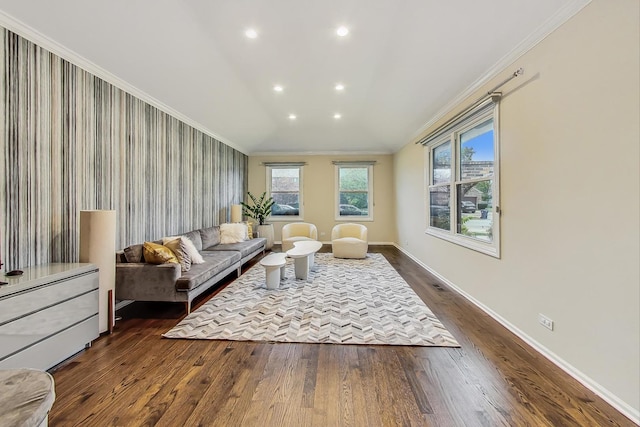 living room featuring dark wood-type flooring and ornamental molding