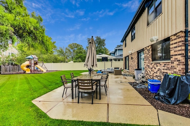 view of patio with an outdoor hangout area and a playground