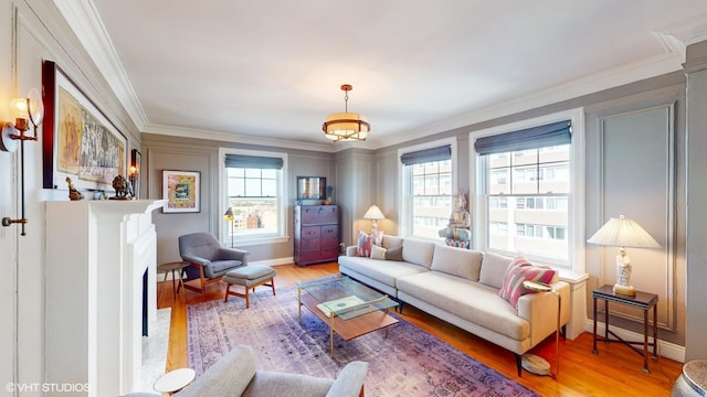 living room featuring ornamental molding and light wood-type flooring