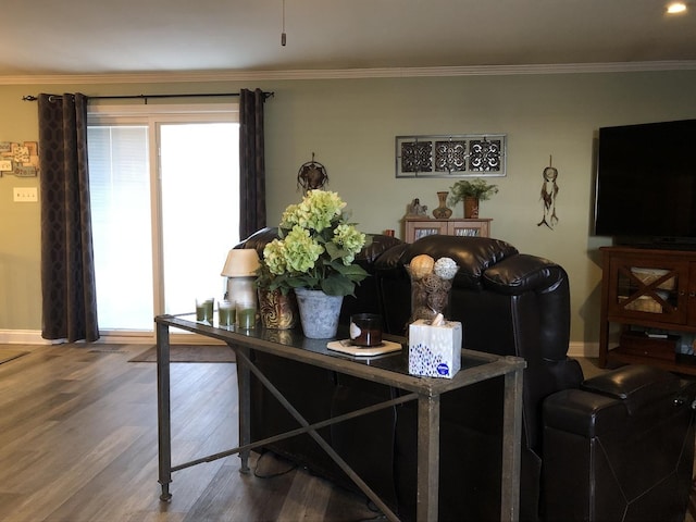 living room with wood-type flooring and crown molding