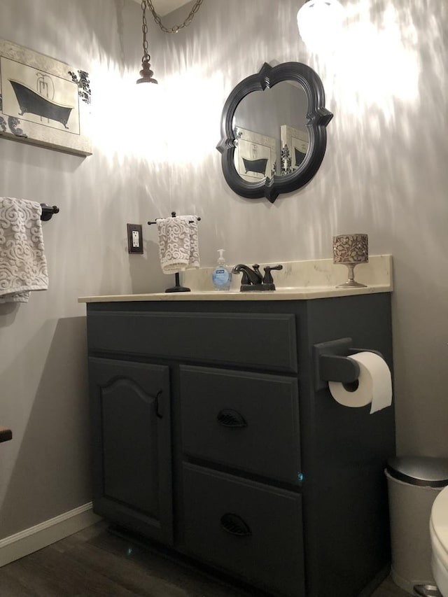 bathroom with vanity, toilet, and wood-type flooring