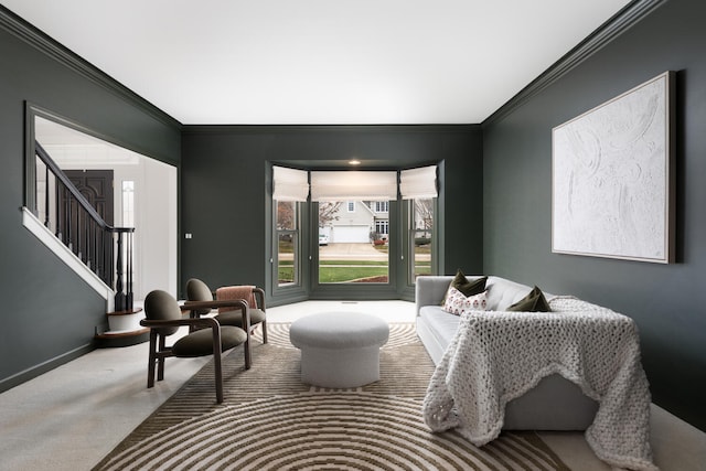 interior space with carpet floors and crown molding