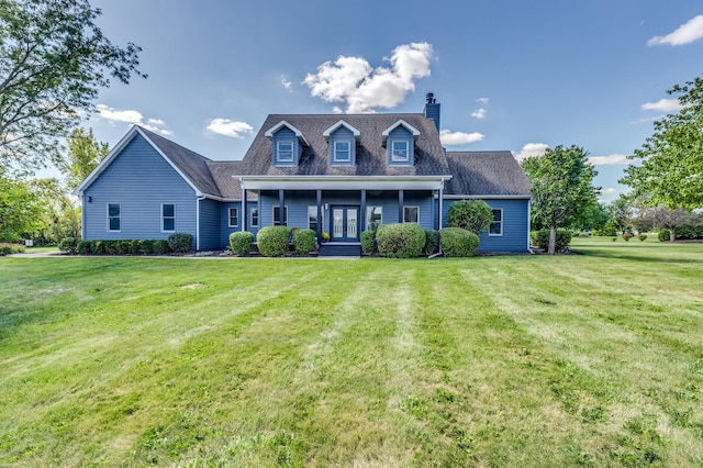 view of front of house featuring french doors, a porch, and a front yard