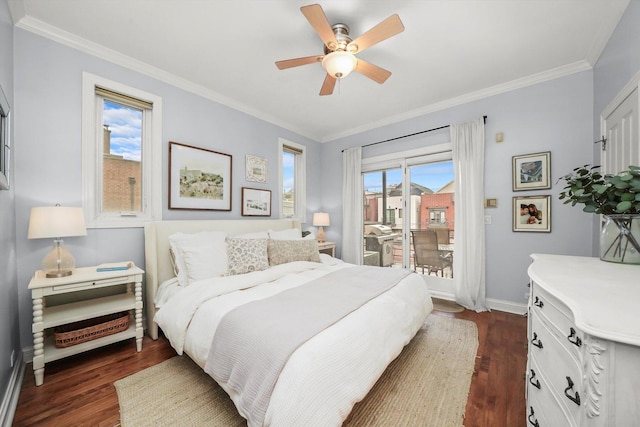 bedroom featuring multiple windows, ceiling fan, dark hardwood / wood-style floors, and ornamental molding