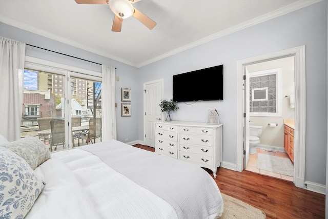 bedroom featuring connected bathroom, ceiling fan, crown molding, wood-type flooring, and access to outside