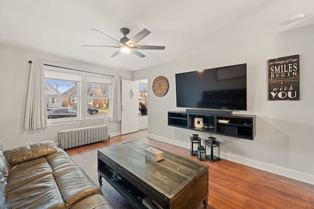 living room with ceiling fan, radiator heating unit, and wood-type flooring