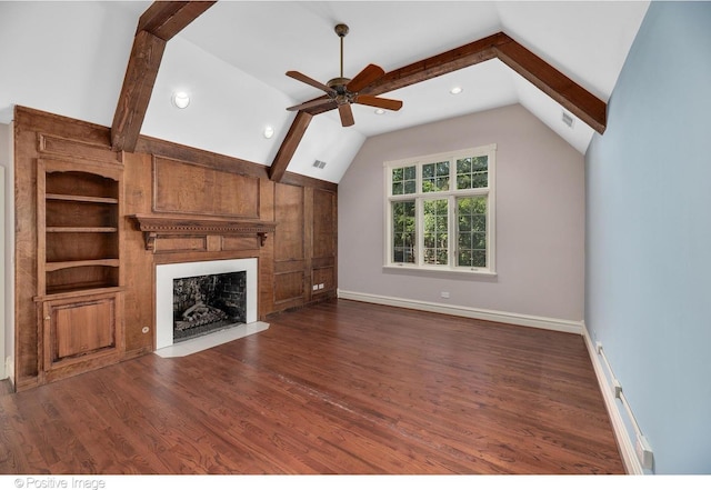 unfurnished living room with lofted ceiling, ceiling fan, built in features, and dark wood-type flooring